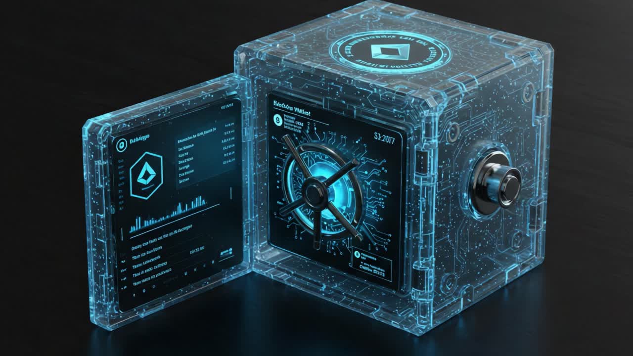 A Futuristic Transparent Security Safe with High-Tech Interface, Showcasing Advanced Lock Mechanisms and Graphical Data Readouts for Optimal Security Management