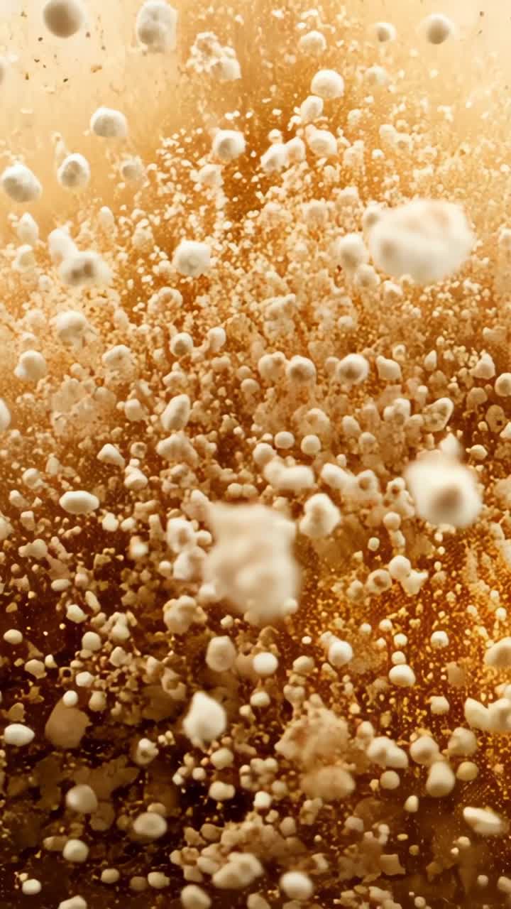 Vertical video: Rising bead cluster expanding upward after gas release inside amber-lit vessel