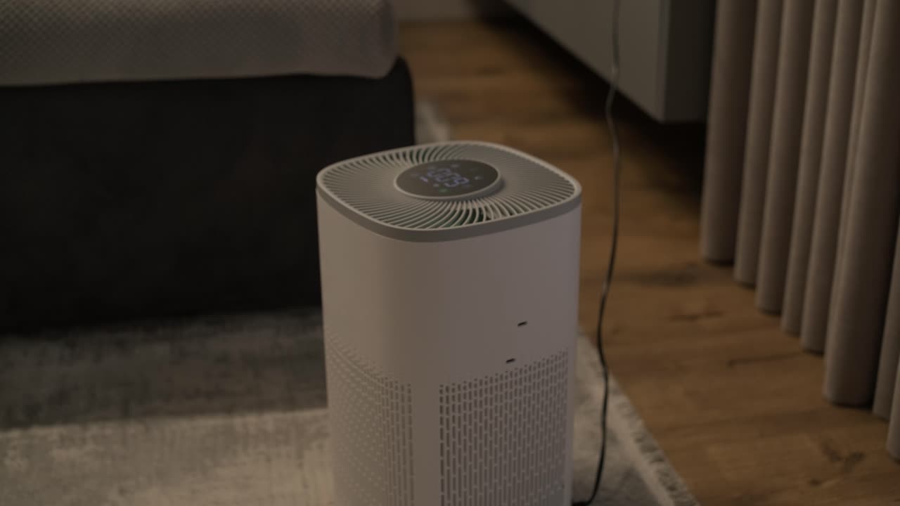 Penjernih Udara Modern Beroperasi di Kamar Tidur Rumah.