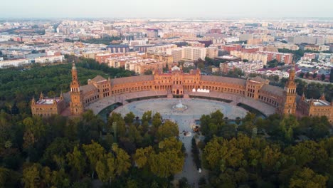 flying around plaza de espana at sunrise, seville, spain, uhd, 4k