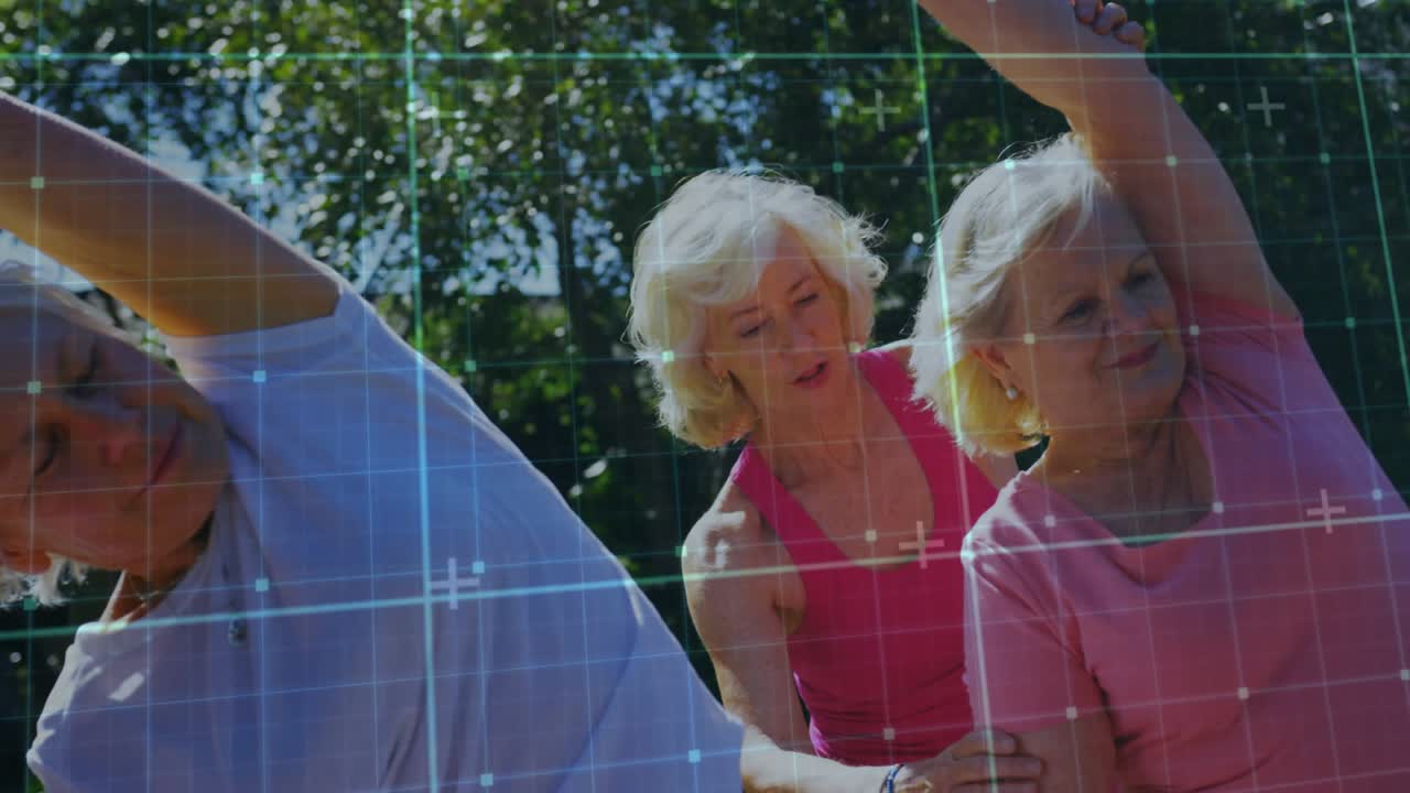 Leader raising right arm, trio senior women mirroring side bends in park, grid guiding wellness