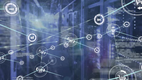 animation of network of connections with icons and data processing over server room