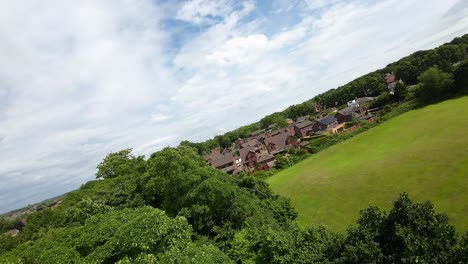 fpv drone flying above local park field trees near modern housing estate