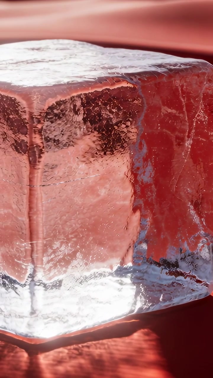 Video verticale: Telecamera in movimento che rivela un blocco di ghiaccio trasparente su un tappeto da studio rosso, mostrando una pellicola di fusione.