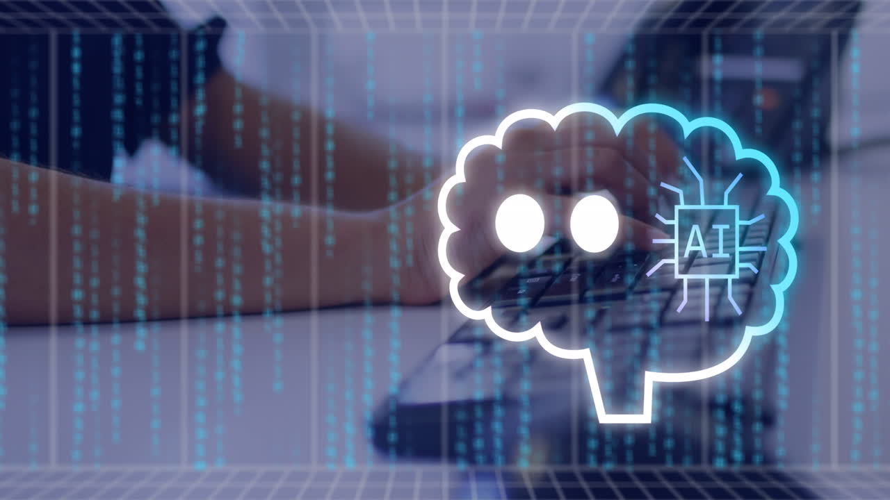 animación de un texto, iconos y procesamiento de datos sobre una mujer biracial usando computadora