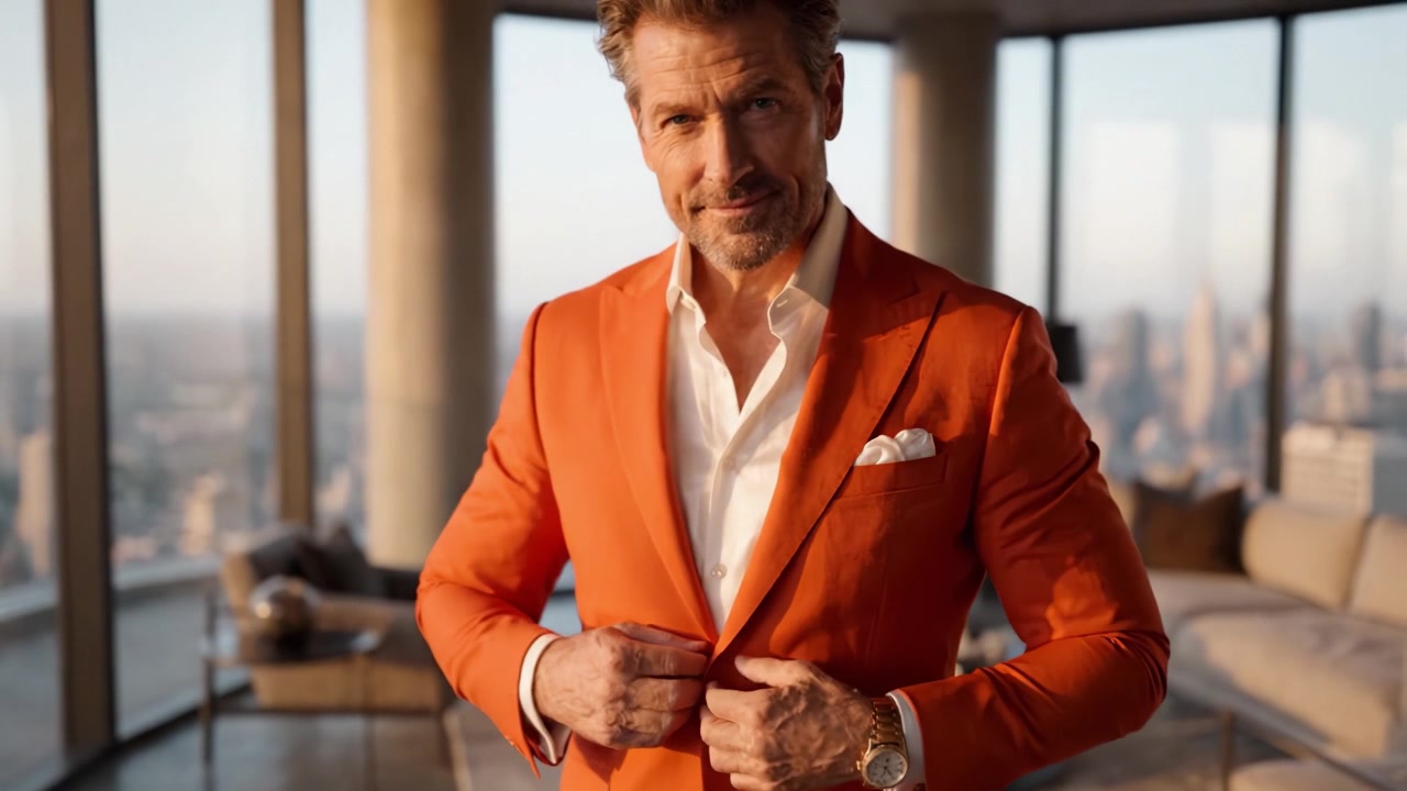 Um homem elegante em um terno laranja sofisticado posa com confiança em uma cobertura luxuosa, com vista para uma paisagem urbana deslumbrante durante o pôr do sol, exibindo estilo e sofisticação