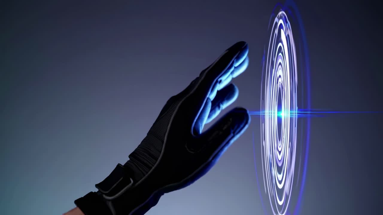 A futuristic video concept showing a gloved hand reaching towards a digital interface