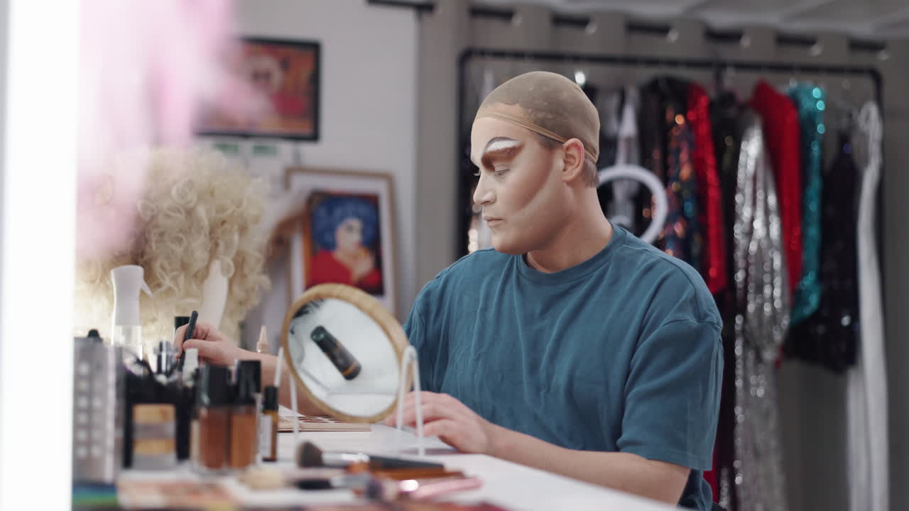 Drag Queen Applying Makeup in Dressing Room