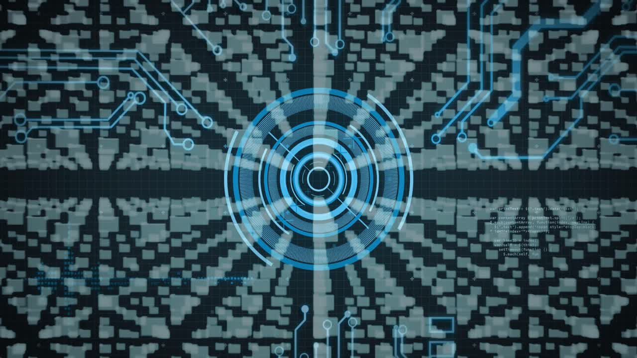 Animation of scope scanning, data processing and online security padlock with circuit board elements