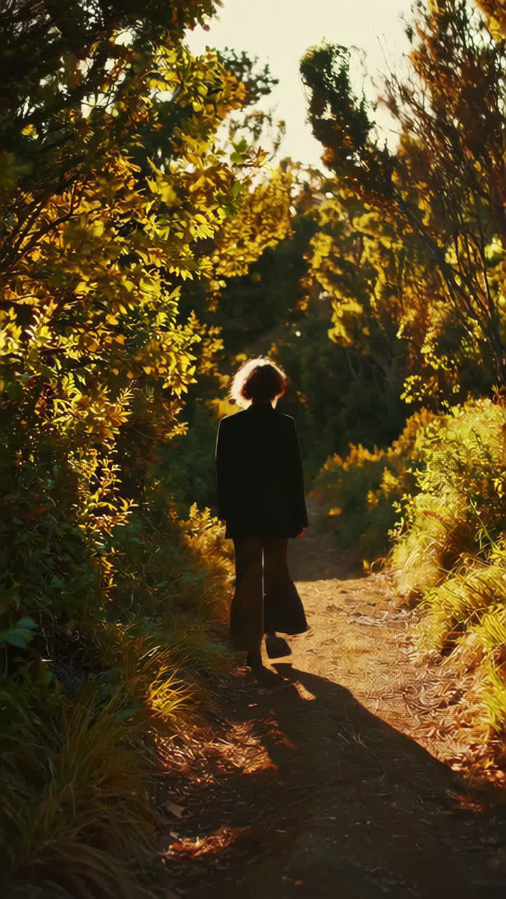 Person Walking Through a Golden Hour Forest Path