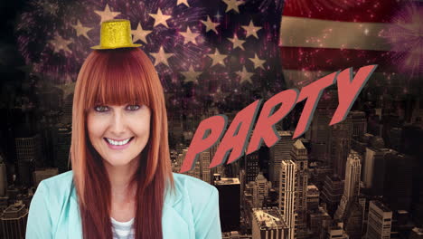 animation of happy red haired woman celebrating, over party text, cityscape and flag of america