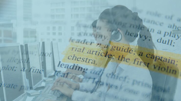 Typing on keyboards, call center employees over dictionary text animation