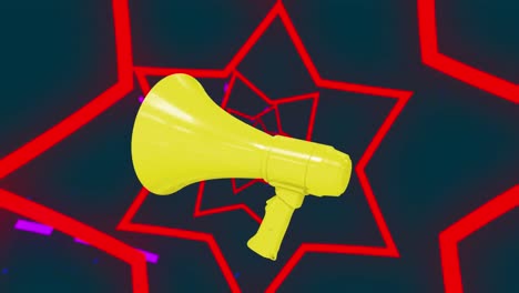 digital animation of wow text and megaphone icon spinning against stars shapes on blue background