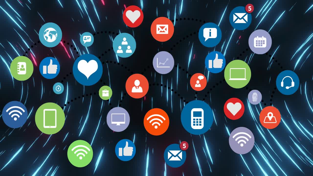 Animazione di icone multimediali su scie luminose