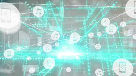 animación de la red de conexiones con iconos sobre el procesamiento de datos