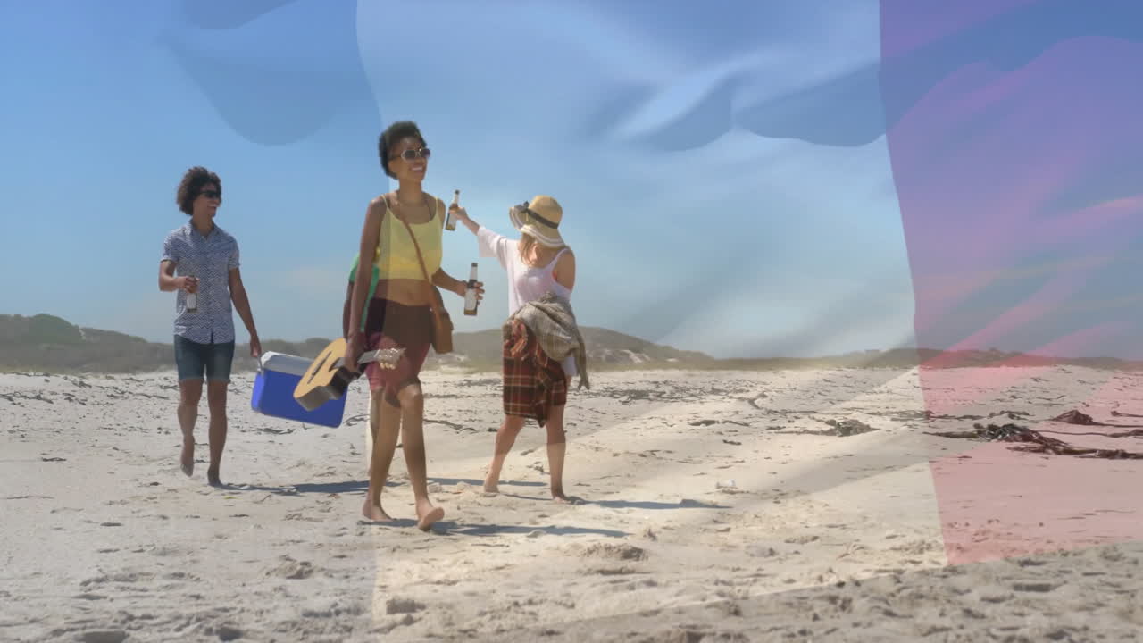 Walking on beach, friends carrying drinks and cooler with flag animation overlay
