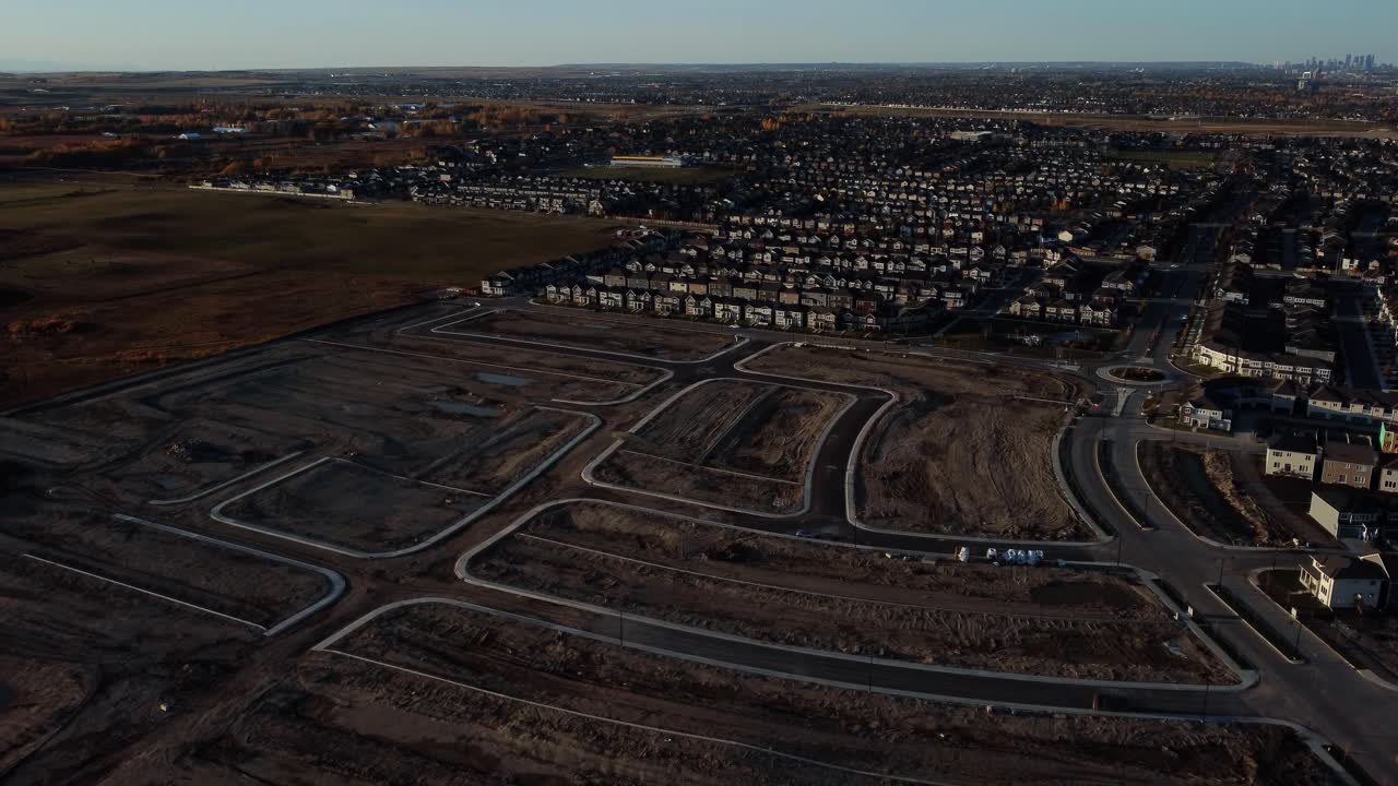 A wide drone shot of the new Yorkville community in Calgary in October 2023