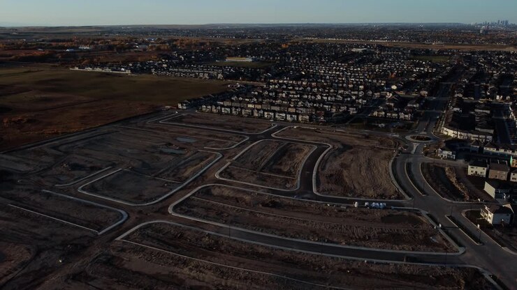 A wide drone shot of the new Yorkville community in Calgary in October 2023