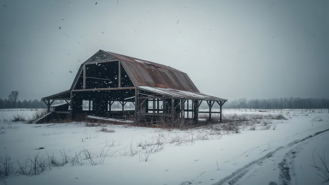 Pushing camera slowly revealing abandoned wooden barn in snow field, showing rusted corrugated roof