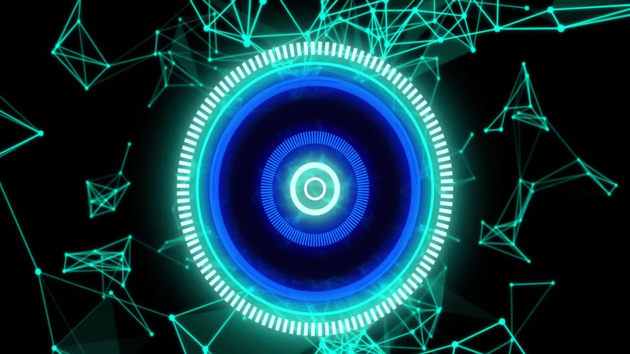 animación de la interfaz digital que muestra el escaneo de alcance circular con una red de conexiones flotantes
