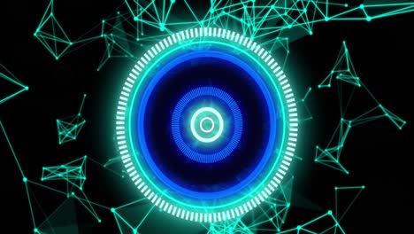 animation of digital interface showing circular scope scanning with network of connections floating