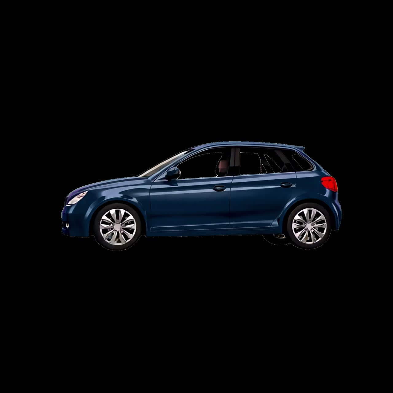 Animazione di un'elegante auto hatchback blu moderna come elemento isolato, video 4K trasparente, canale alfa