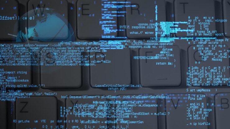 Анимация синей обработки данных над компьютерной клавиатурой на заднем плане.