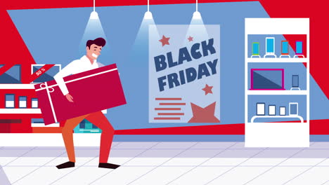 hombre con regalo durante la venta del viernes negro en la tienda de electrónica