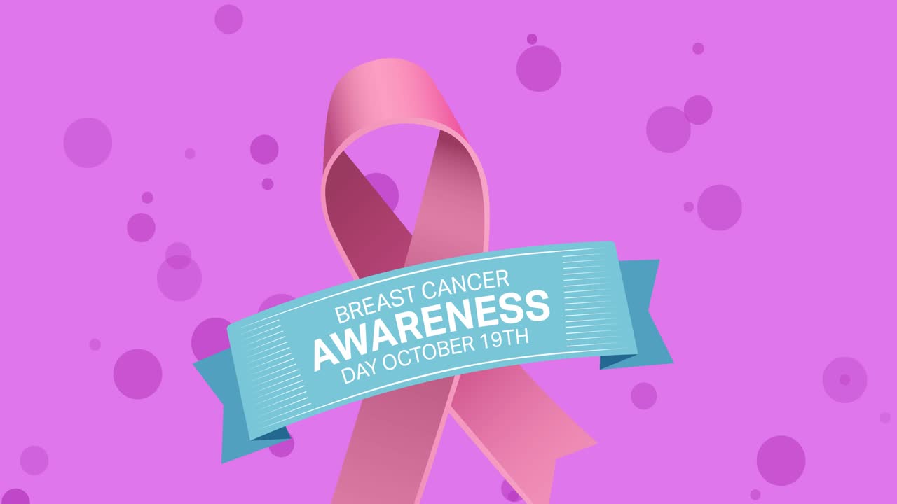 유방암 인식 텍스트와 보라색 배경에 분홍색 리본의 애니메이션