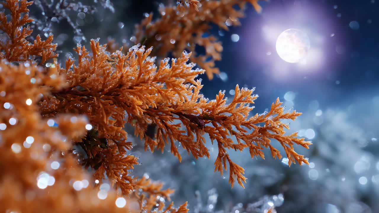 A Beautiful Close-Up of Frosted Orange Pine Tree Branches Glowing Under a Full Moon with a Magical Nighttime Atmosphere, Capturing the Essence of Winter's Beauty and the Enchantment of the Woods