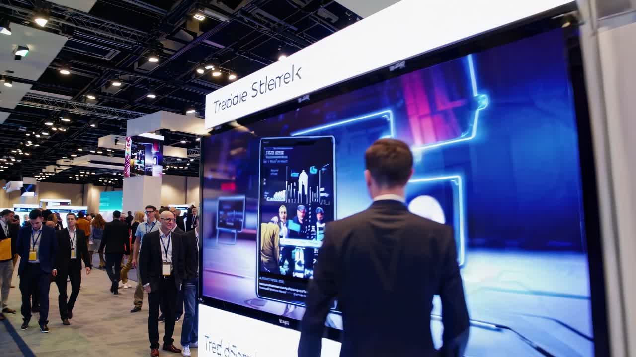 Wide-angle shot of a tech expo, showcasing attendees and booths with digital displays and video