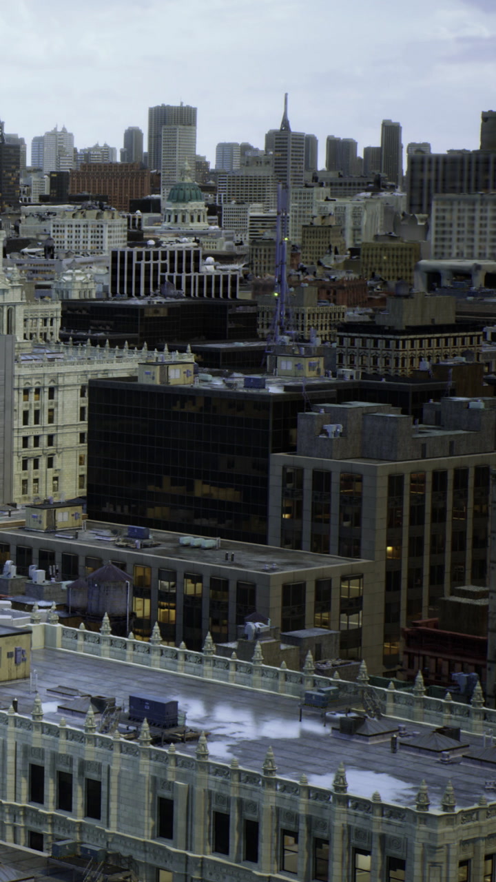 City skyline at dusk showcasing towering buildings and busy streets below