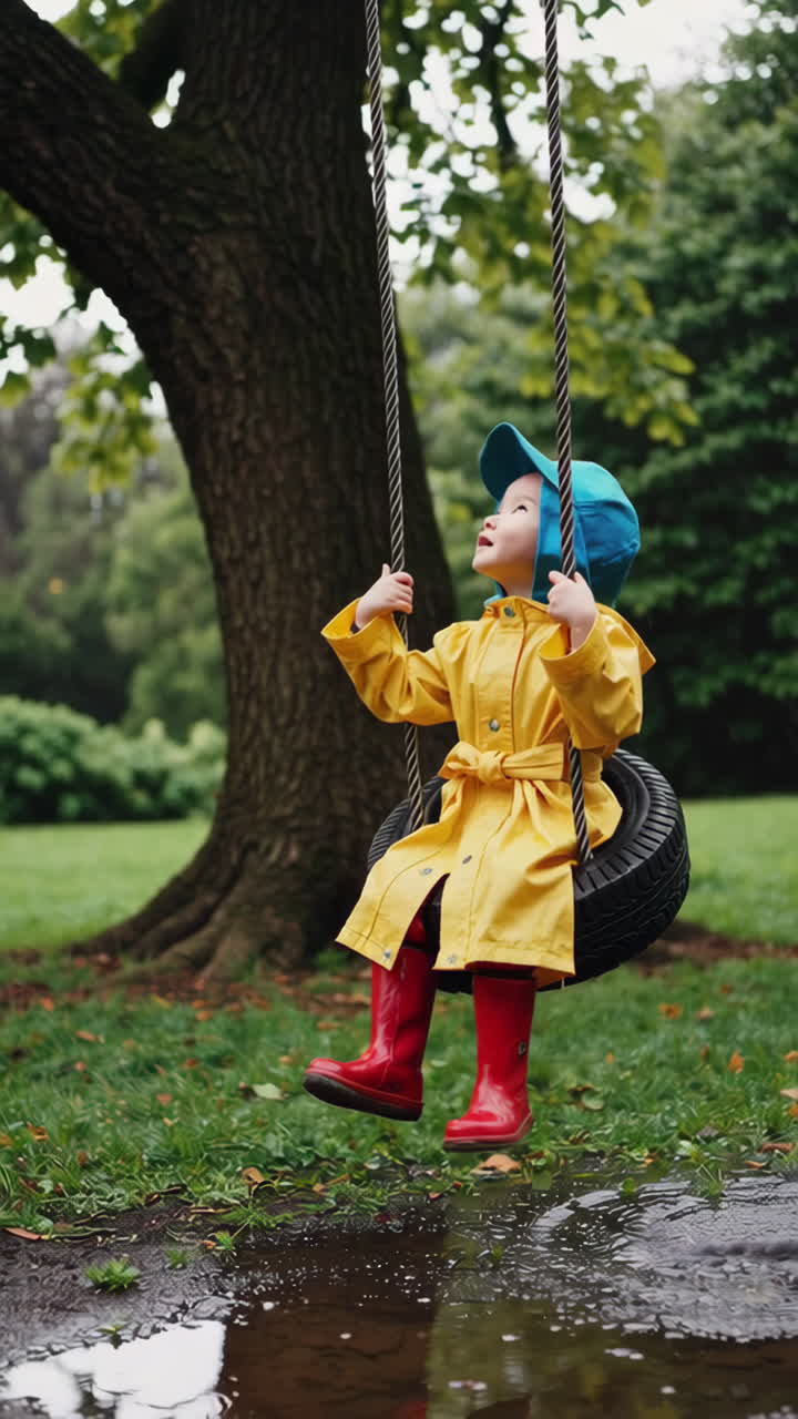 Child Playing on a Tire Swing in a Yellow Raincoat Over a Puddle