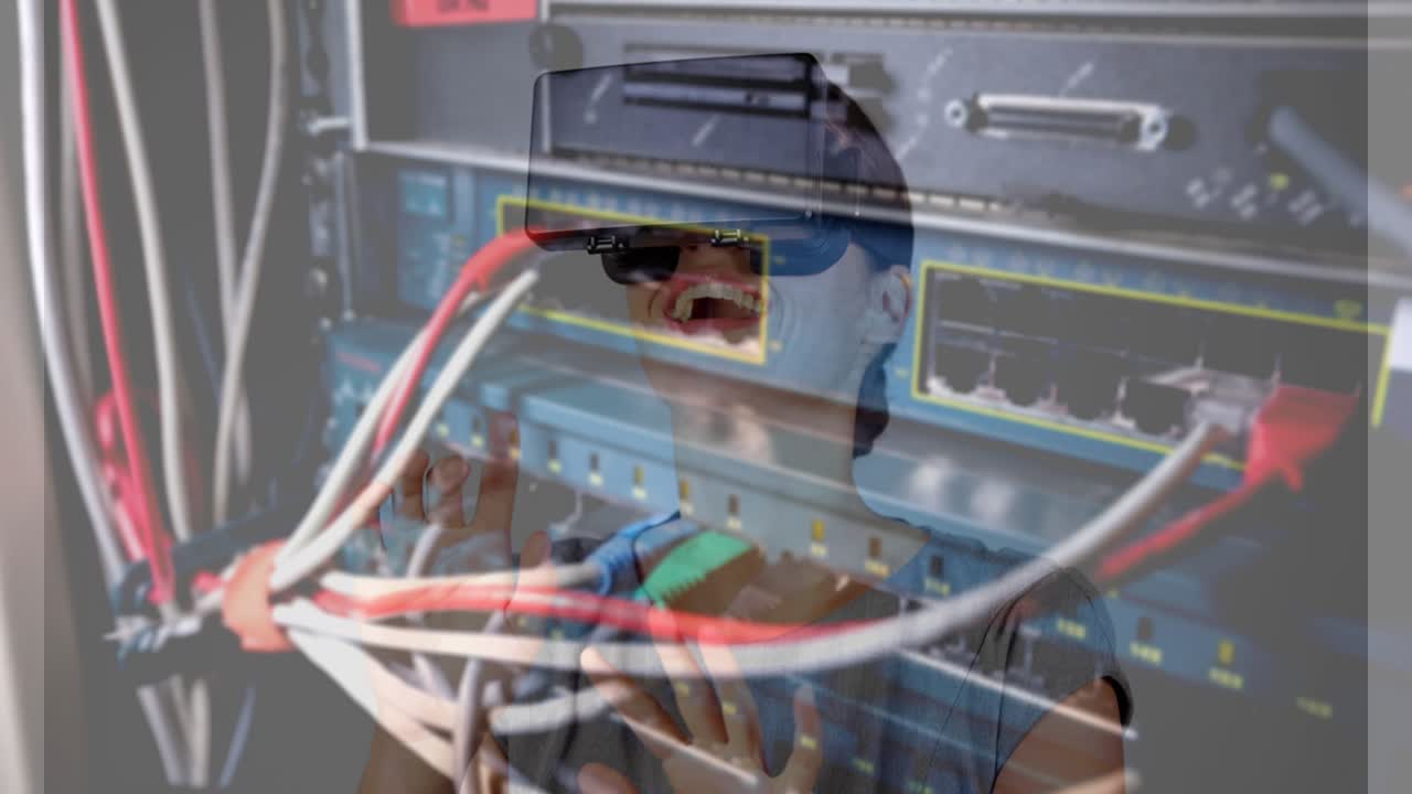 Animation of women using vr headset over server room