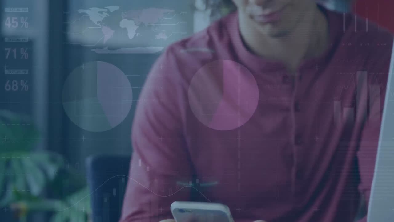 animación del procesamiento de datos financieros sobre un hombre caucásico que usa un teléfono inteligente