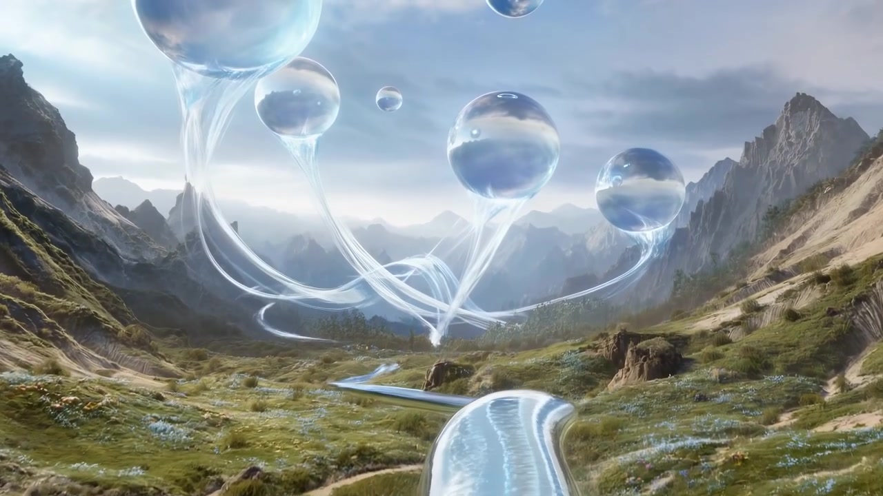Surreal Mountain Valley With Floating Spheres, Glass Orbs Drifting Above Winding River, Luminous Ribbons