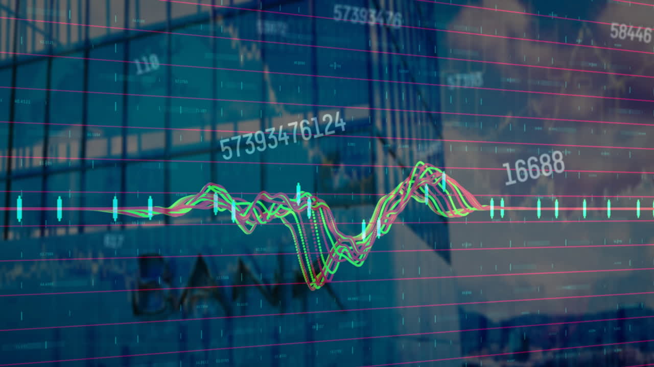 animación del procesamiento de datos financieros sobre el paisaje urbano con modernos edificios de oficinas