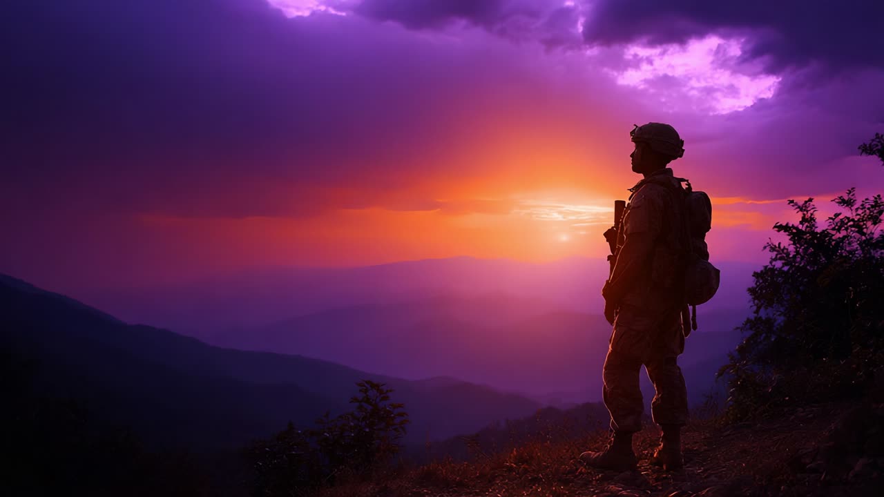 A solitary figure stands against a breathtaking sunset backdrop, silhouetted against radiant hues of purple and orange, embodying resilience, reflection, and the quiet strength of a soldier in the face of nature's beauty