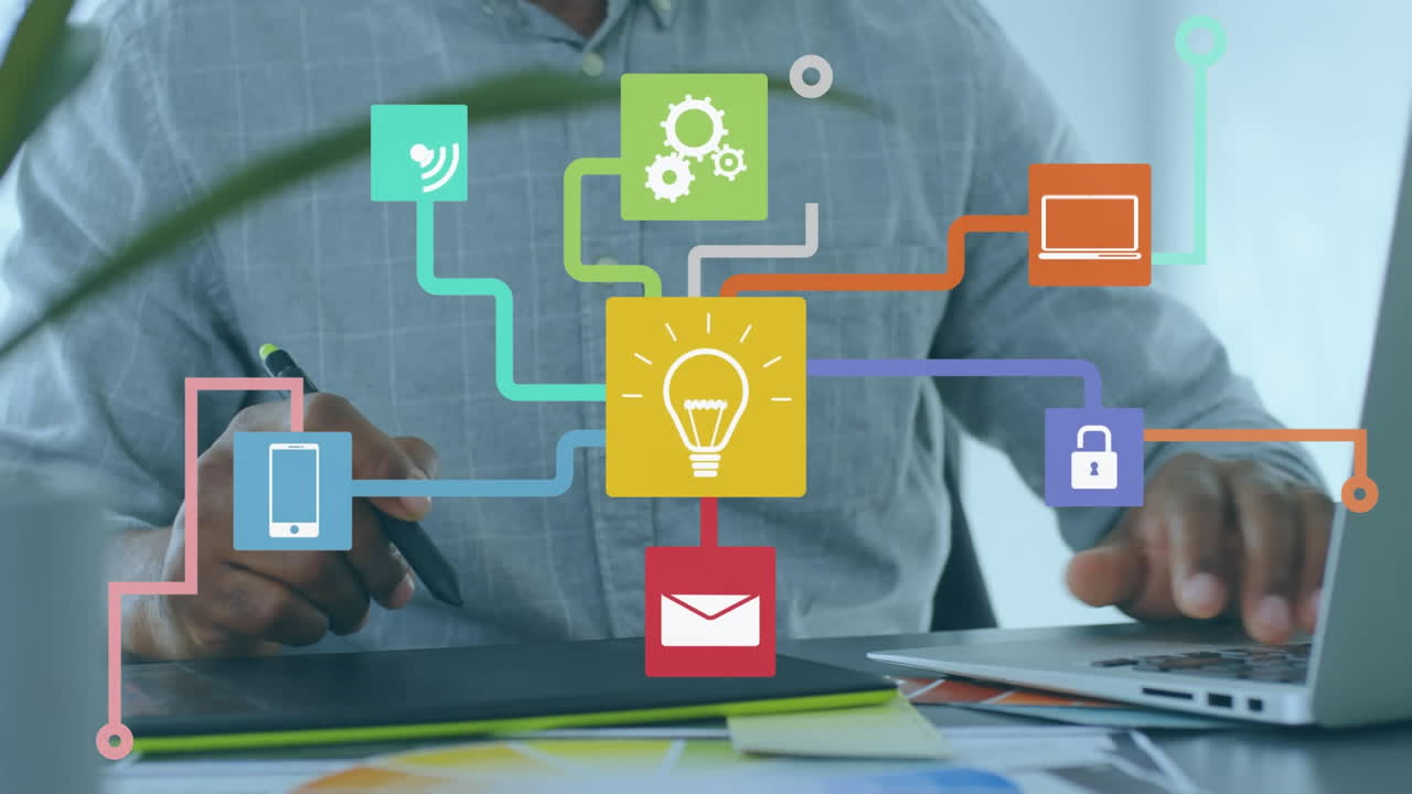 그래픽 태블릿을 사용하는 사업가에 대한 아이콘으로 연결 네트워크의 애니메이션