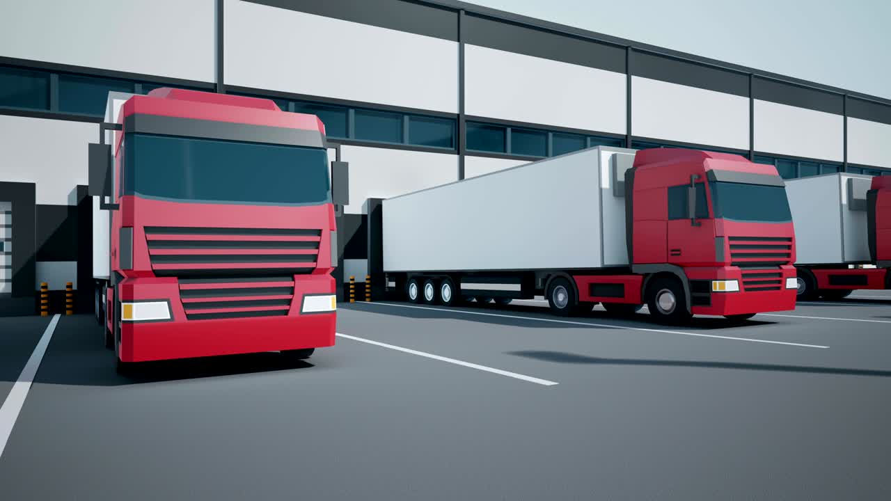 카메라가 유로 세미 트럭 근처에 슬라이드됩니다. 도크를 통해 창고로 화물을 내리는 동안요.