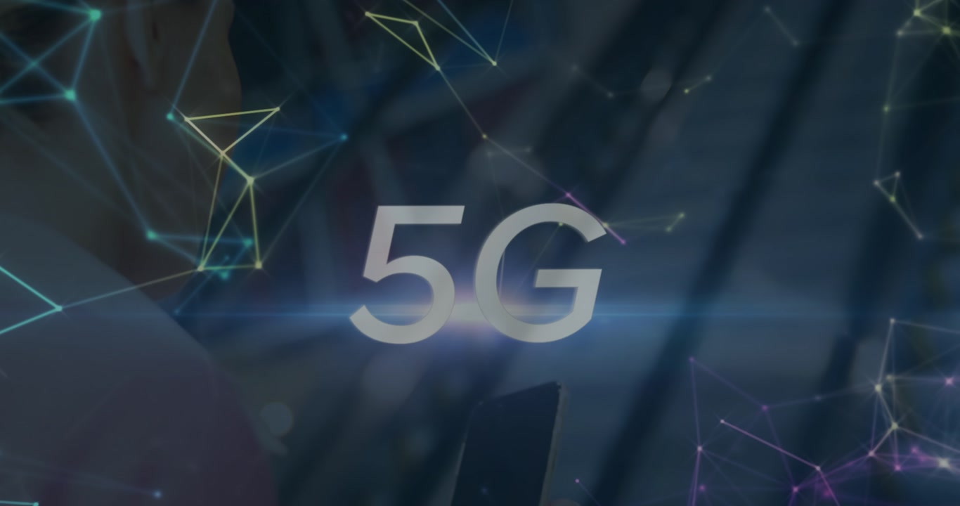5g text and network of connections against caucasian businesswoman using smartphone on a elevator