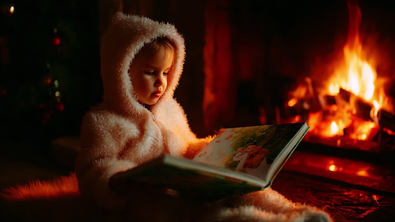 A Cozy Child Enjoying Storytime by the Fireplace, Immersed in a Colorful Book During a Warm and Festive Atmosphere, Capturing the Essence of Comfort and Imagination