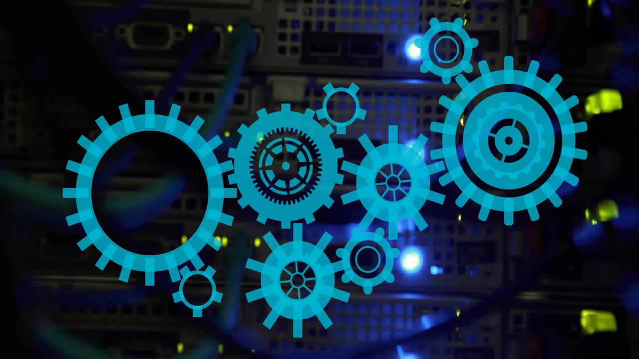 Animating blue gears over server hardware in data center