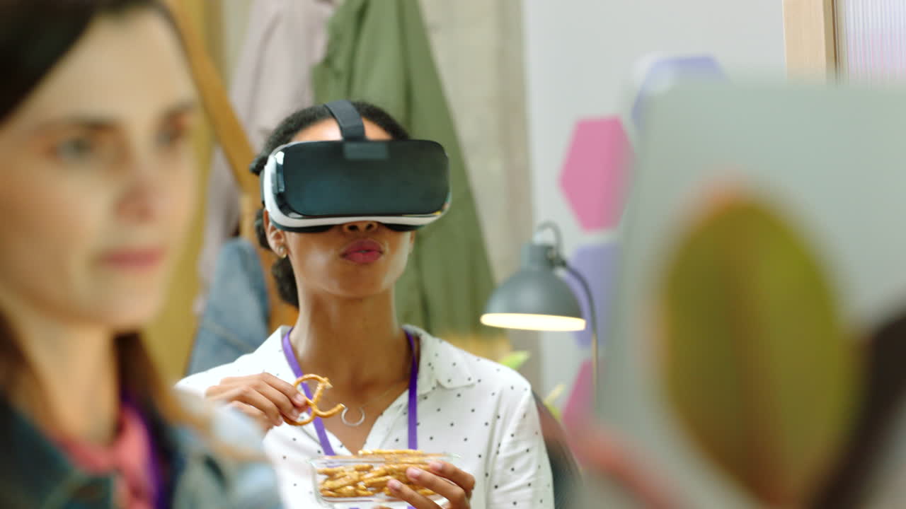 Vr metaverse, woman in office with fun virtual