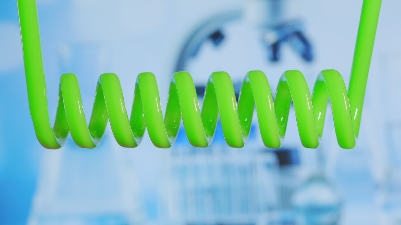 녹색 액체는 유리 화학 및 의료 용량을 채니다. 액체는 스로우 모션으로 유리 화학 용기에 움직입니다. 코로나19 백신 개발. 고품질 4k 영상.