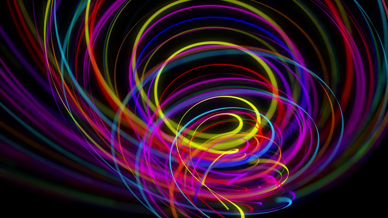 Elegante sfondo astratto creativo in 4K. Linee colorate che si avvolgono a spirale volano lungo un percorso sinuoso. Sfondo di motion design di particelle che formano linee, eliche e strutture astratte. Render 3D.