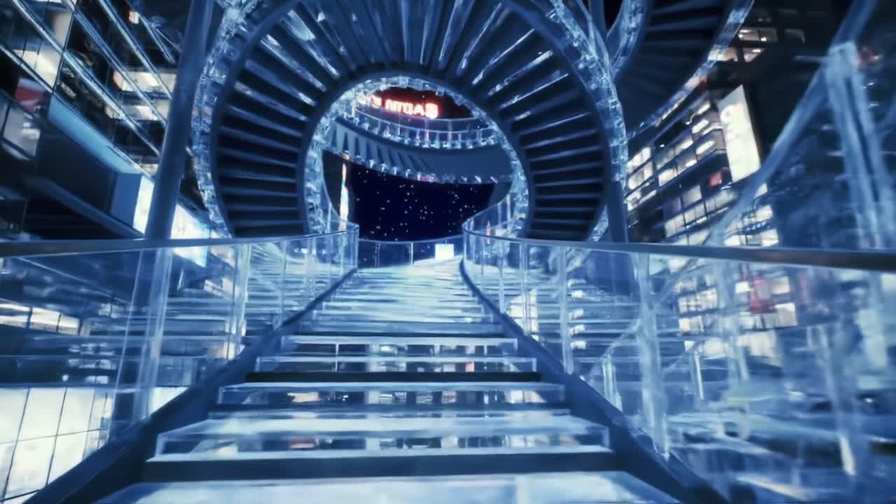 A Mesmerizing Visual Journey Through an Ethereal Glass Spiral Staircase Under a Starry Night Sky, Blending Modern Design with Futuristic Ambiance