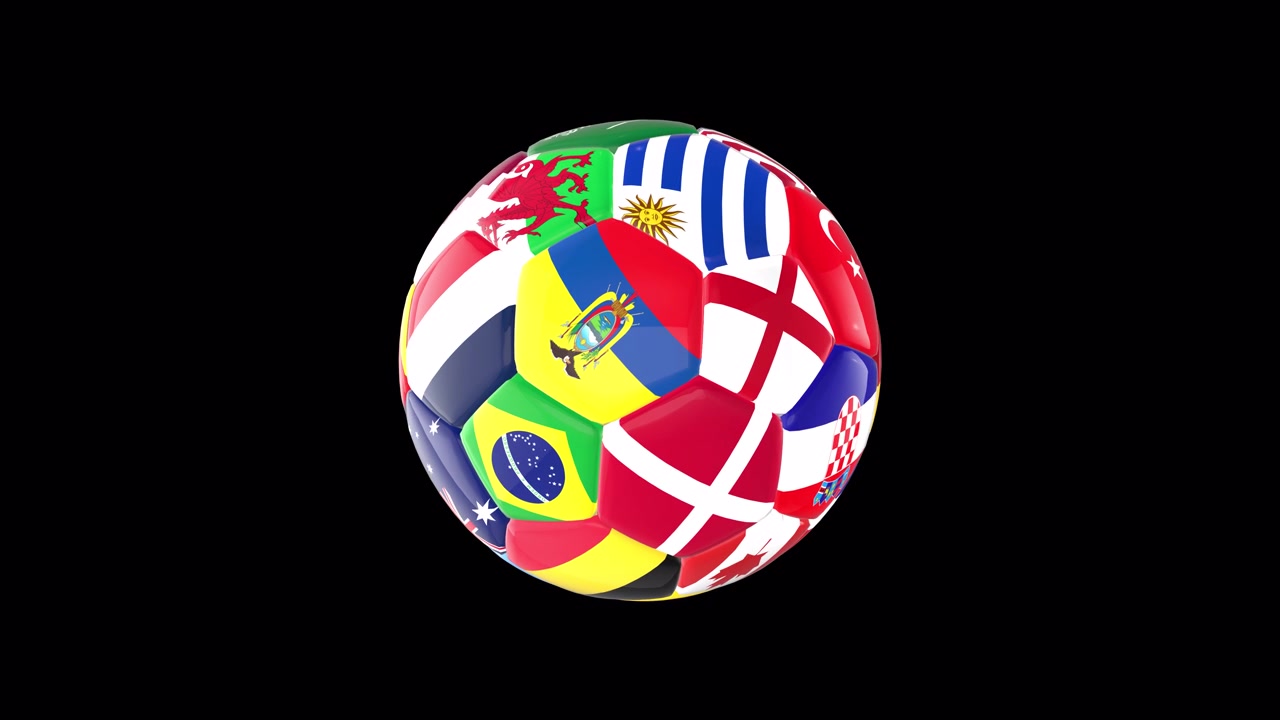 Render 3D de uma Bola de Futebol Giratória com Bandeiras Mundiais