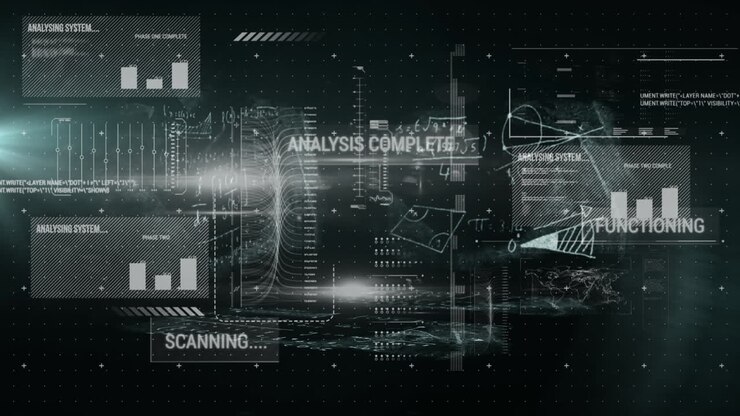 Animasjon av tekst og digital databehandling over mørk bakgrunn