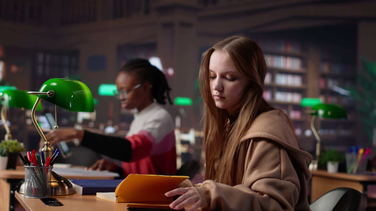 Vertical video rude girl taking a phone call in the campus library and disturbing students